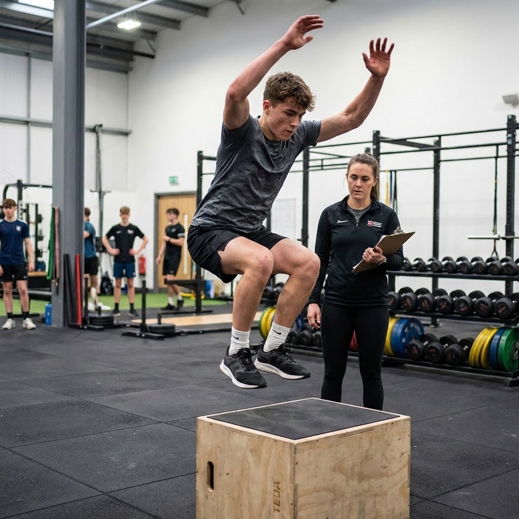 coach trying a young male athlete in jumping on a block coach trying a young male athlete in jumping on a block
