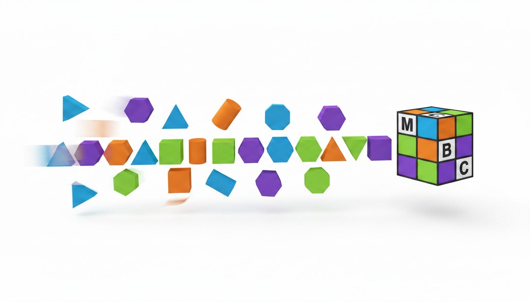 Colorful shapes assembling into the Mosaic Business Consulting cube
