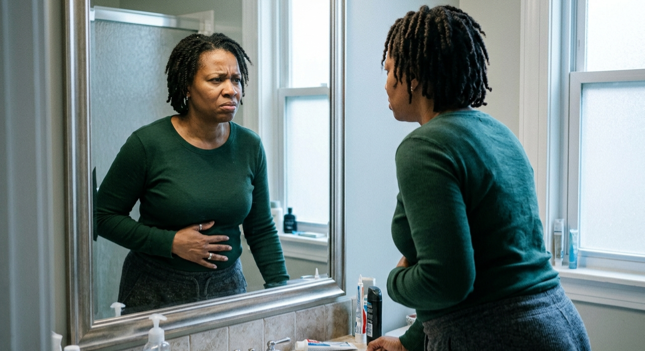 Middle-aged woman gainign weight over menopause