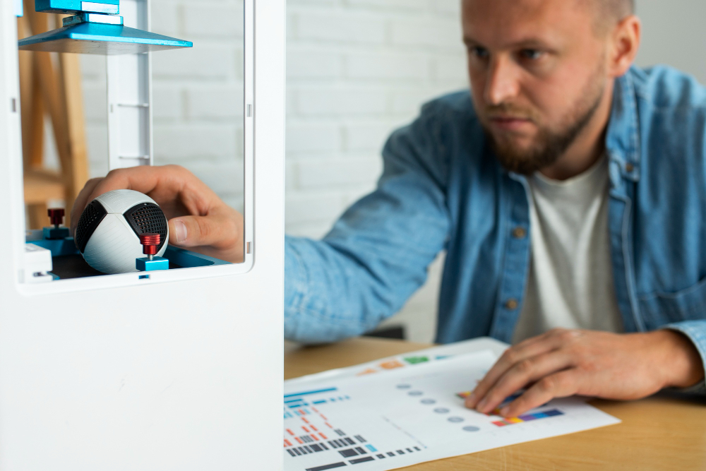 A person analyzing product data charts while examining a small 3D-printed object, representing product testing and research in a reselling context.