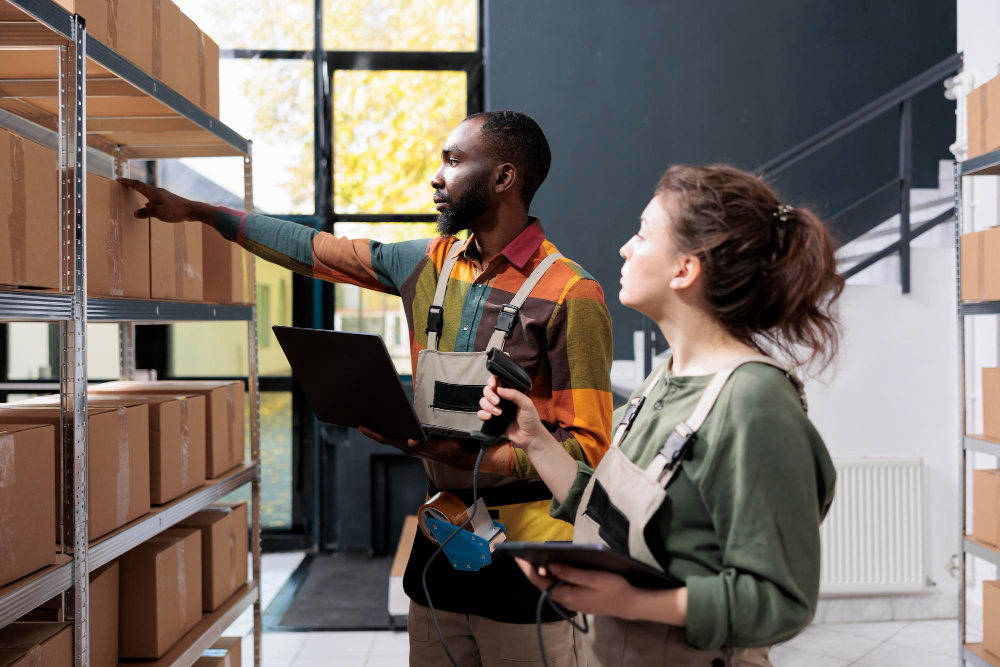 Two warehouse workers in aprons organize and scan cardboard boxes on metal shelves; one uses a laptop while the other holds a barcode scanner and tablet in a bright storage space with large windows. Two warehouse workers in aprons organize and scan cardboard boxes on metal shelves; one uses a laptop while the other holds a barcode scanner and tablet in a bright storage space with large windows.