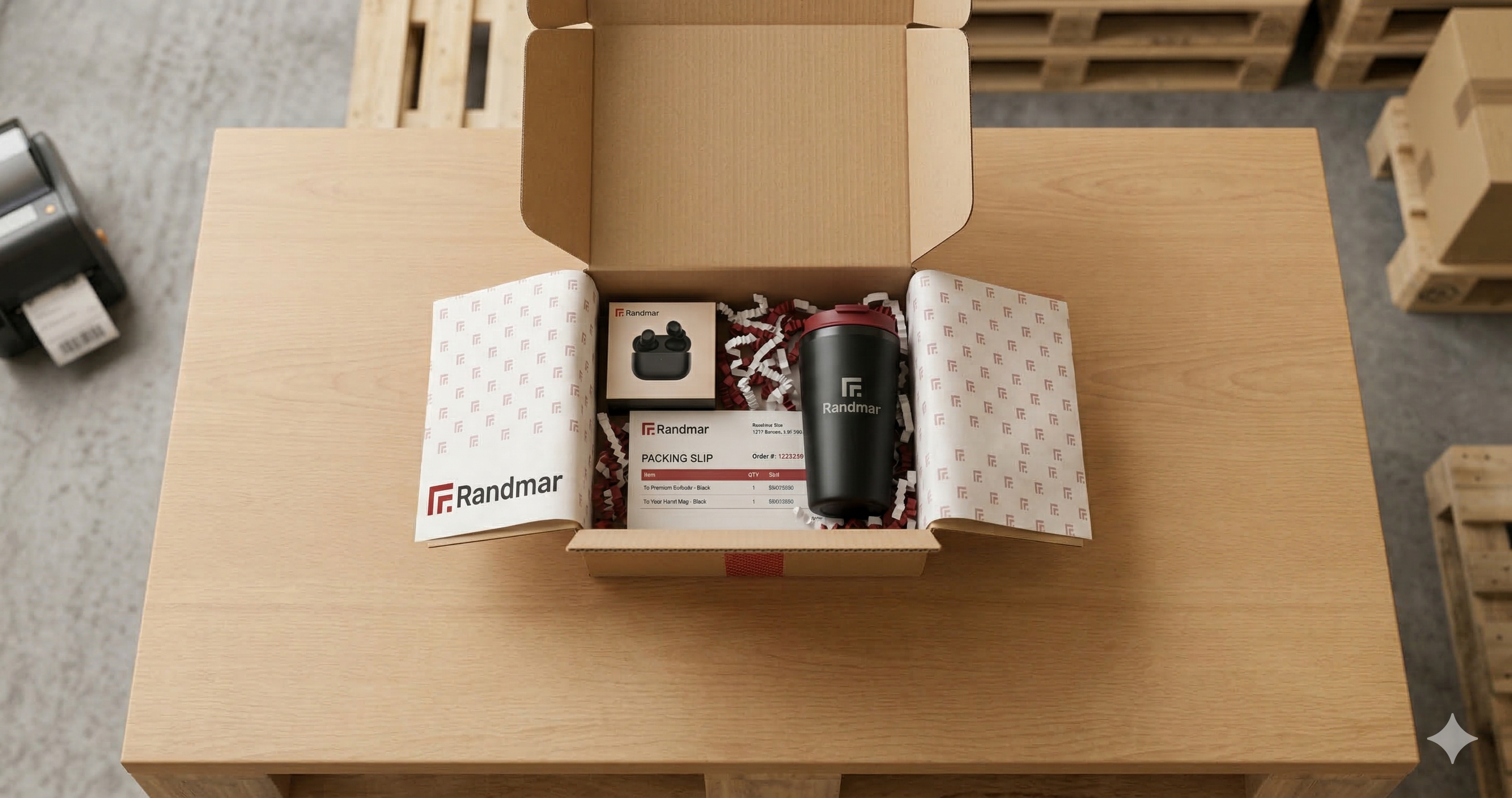 Neatly packed Randmar shipping box with products and packing slip on a warehouse table