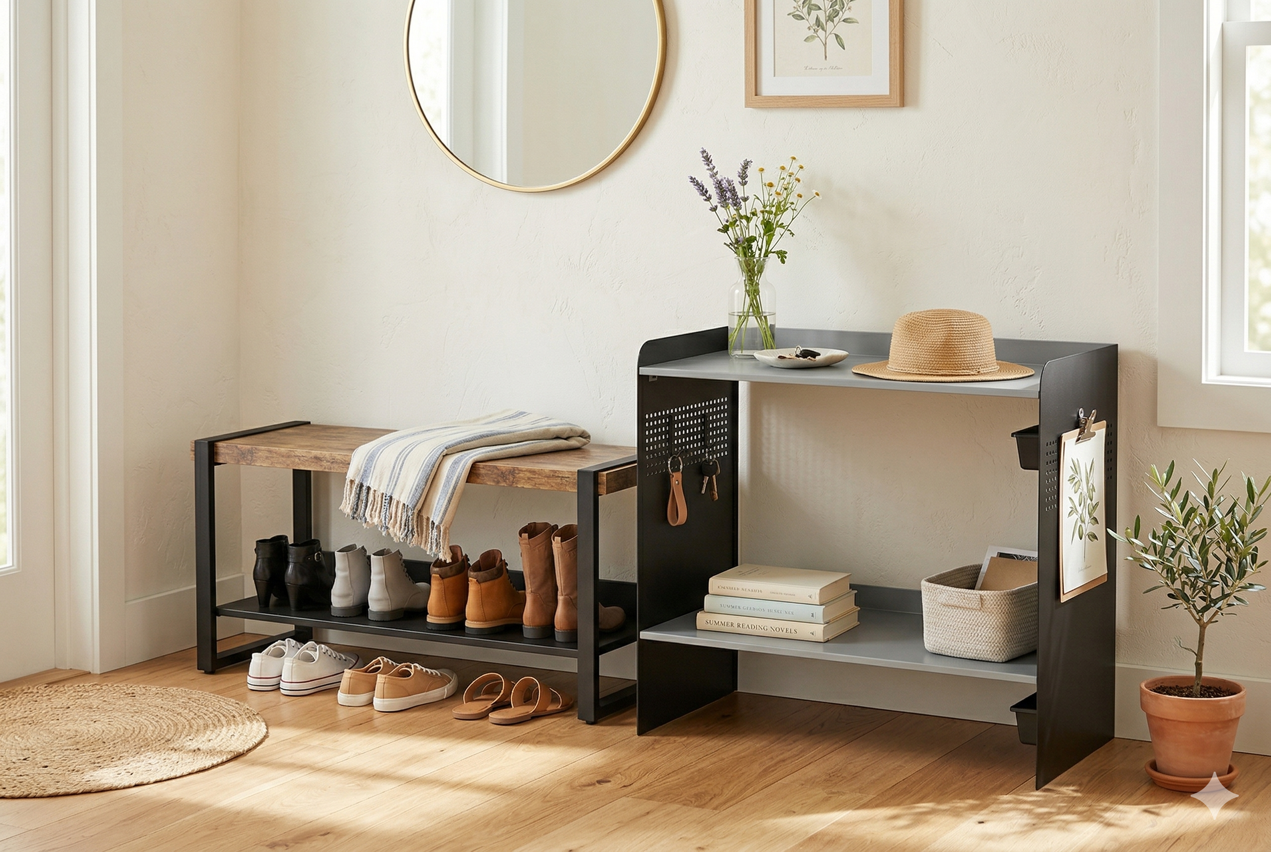 An inviting, well-lit entryway corner. On the left is a rustic wood and black metal shoe bench holding four pairs of boots and a linen blanket, with more casual shoes on the floor. Next to it stands a gray and black modular shelving unit displaying fresh flowers, a straw sun hat, books, a key bowl with keys, a woven basket, and a botanical clip-on print. Dappled sunlight on the floor, a wall mirror, and a potted olive tree complete the organized, welcoming spring/summer lifestyle scene. An inviting, well-lit entryway corner. On the left is a rustic wood and black metal shoe bench holding four pairs of boots and a linen blanket, with more casual shoes on the floor. Next to it stands a gray and black modular shelving unit displaying fresh flowers, a straw sun hat, books, a key bowl with keys, a woven basket, and a botanical clip-on print. Dappled sunlight on the floor, a wall mirror, and a potted olive tree complete the organized, welcoming spring/summer lifestyle scene.