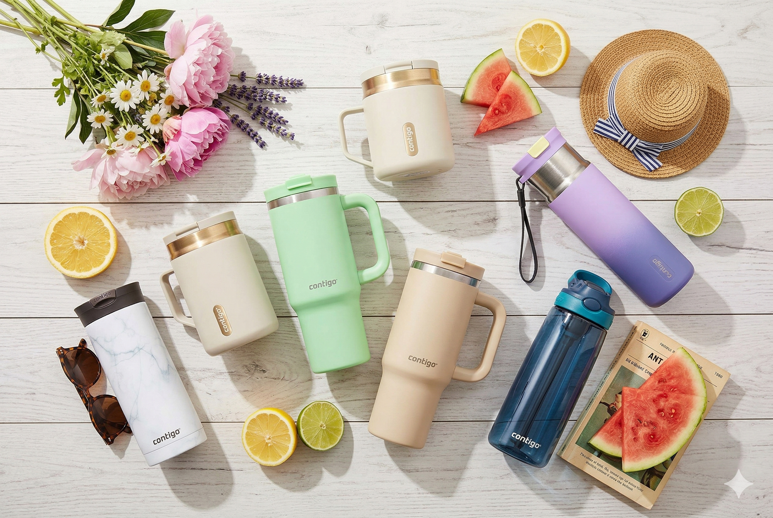 An overhead photograph of a curated summer flat lay on a light wood plank table. Six Contigo brand bottles and tumblers are at the center: a marble handled tumbler, a mint green tumbler, a beige handled tumbler, a cream and gold handled tumbler, a purple gradient water bottle, and a dark blue transparent bottle. They are surrounded by a bouquet of pink peonies and daisies, sliced lemons and limes, wedges of watermelon, tortoiseshell sunglasses, a straw sun hat with a striped ribbon, and an open vintage book. The scene is brightly lit by natural light. An overhead photograph of a curated summer flat lay on a light wood plank table. Six Contigo brand bottles and tumblers are at the center: a marble handled tumbler, a mint green tumbler, a beige handled tumbler, a cream and gold handled tumbler, a purple gradient water bottle, and a dark blue transparent bottle. They are surrounded by a bouquet of pink peonies and daisies, sliced lemons and limes, wedges of watermelon, tortoiseshell sunglasses, a straw sun hat with a striped ribbon, and an open vintage book. The scene is brightly lit by natural light.