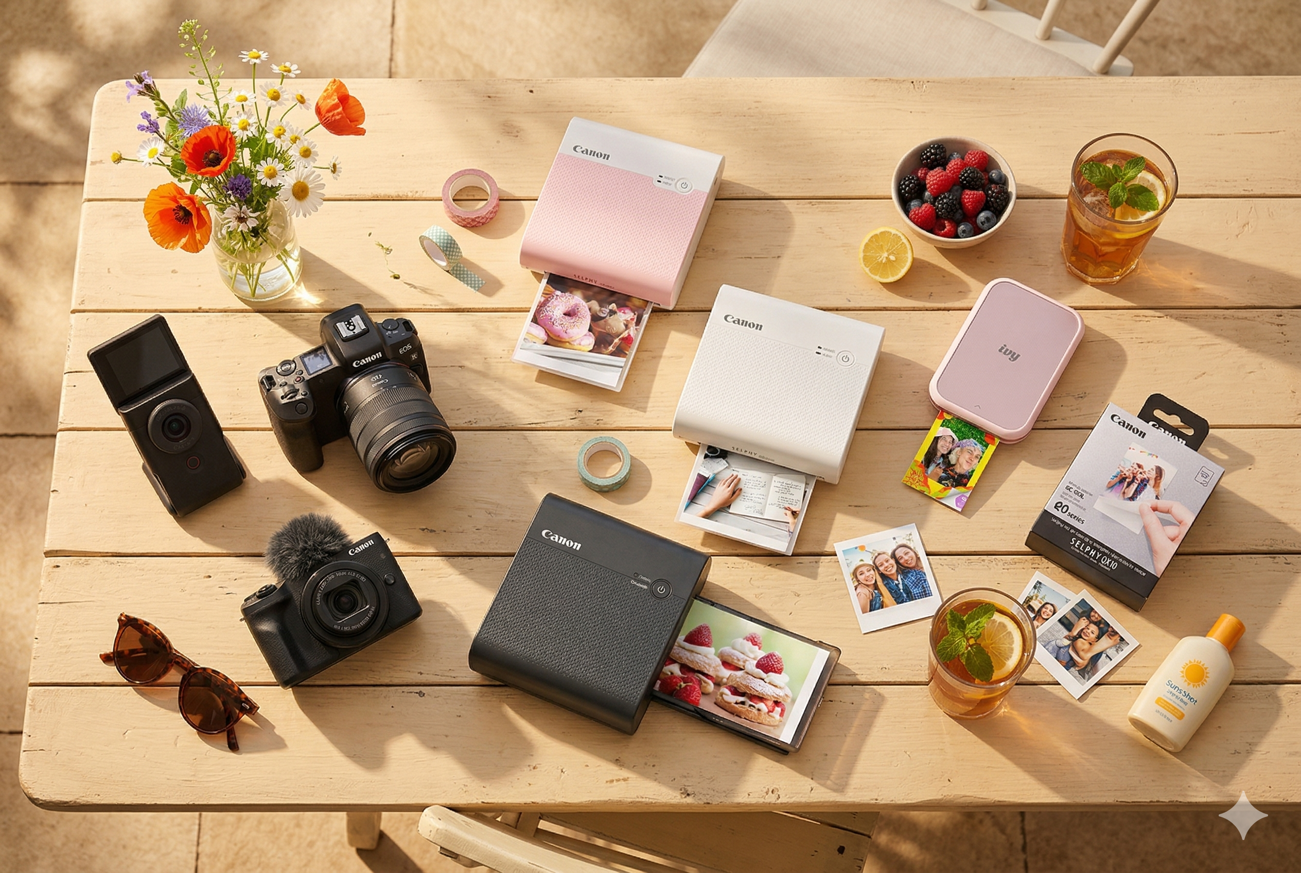 Overhead view of a creative flat lay on a sunlit wooden patio table, featuring several white and pink Canon portable photo printers, cameras (including an EOS mirrorless and a Powershot V10 with a deadcat mic), washi tape, a box of Zink paper, printed photos, sunglasses, a wildflower bouquet, a bowl of mixed berries, a glass of iced tea with mint, and sunscreen. Overhead view of a creative flat lay on a sunlit wooden patio table, featuring several white and pink Canon portable photo printers, cameras (including an EOS mirrorless and a Powershot V10 with a deadcat mic), washi tape, a box of Zink paper, printed photos, sunglasses, a wildflower bouquet, a bowl of mixed berries, a glass of iced tea with mint, and sunscreen.