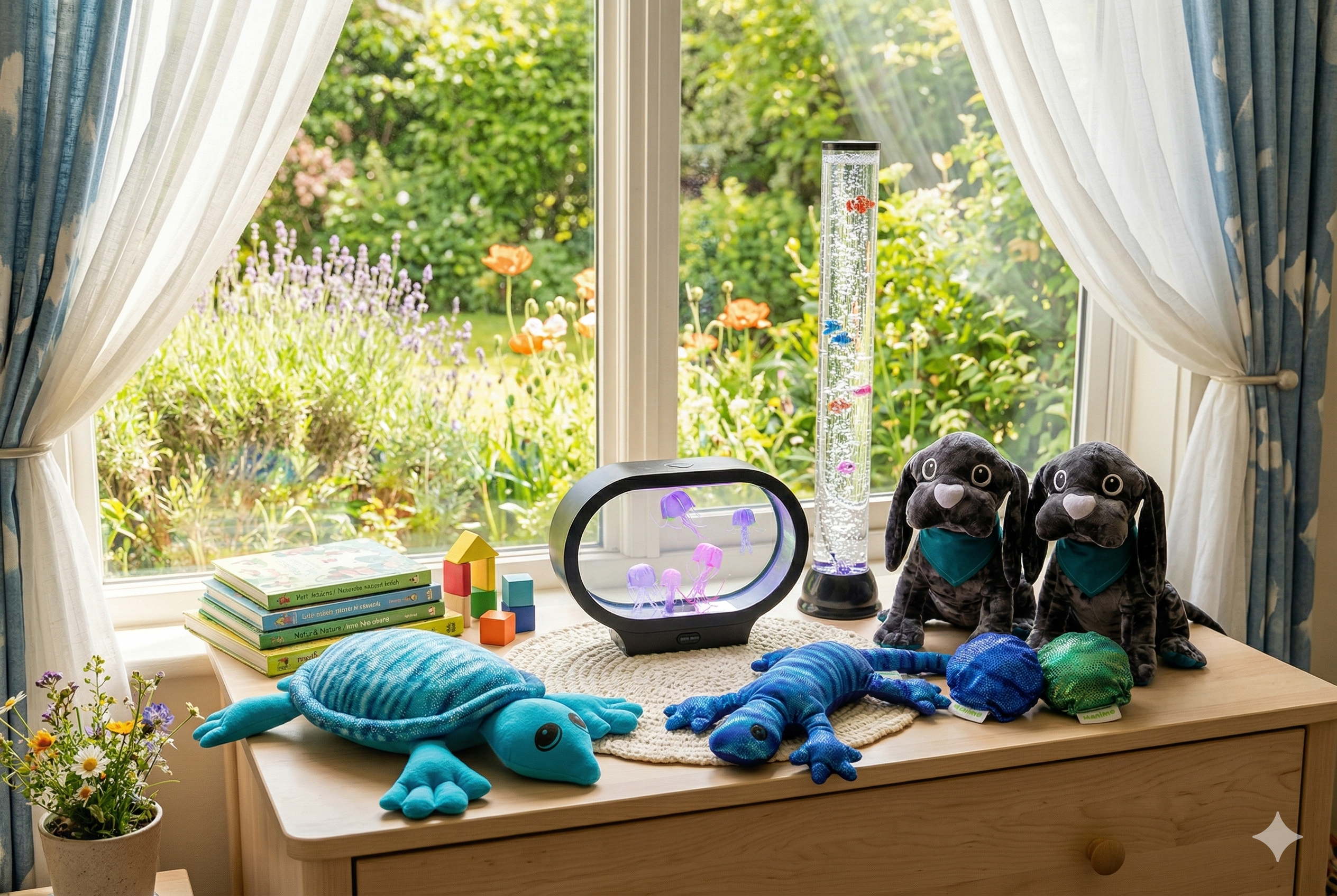 Gemini said An inviting, sun-drenched photograph of a child's dresser display by a large window overlooking a vibrant, blooming spring garden. On the light-wood dresser are several weighted sensory toys: a large blue patterned turtle, a smaller blue gecko, and two grey-velvet dogs wearing teal bandanas. A stack of books, colorful wooden blocks, and a pot of wildflowers sit nearby. Centered on the dresser are an oval jellyfish lamp with glowing purple jellyfish and a tall cylindrical bubble tube lamp with fish. Sheer white and light blue patterned curtains with a tie-back frame the window. Gemini said An inviting, sun-drenched photograph of a child's dresser display by a large window overlooking a vibrant, blooming spring garden. On the light-wood dresser are several weighted sensory toys: a large blue patterned turtle, a smaller blue gecko, and two grey-velvet dogs wearing teal bandanas. A stack of books, colorful wooden blocks, and a pot of wildflowers sit nearby. Centered on the dresser are an oval jellyfish lamp with glowing purple jellyfish and a tall cylindrical bubble tube lamp with fish. Sheer white and light blue patterned curtains with a tie-back frame the window.