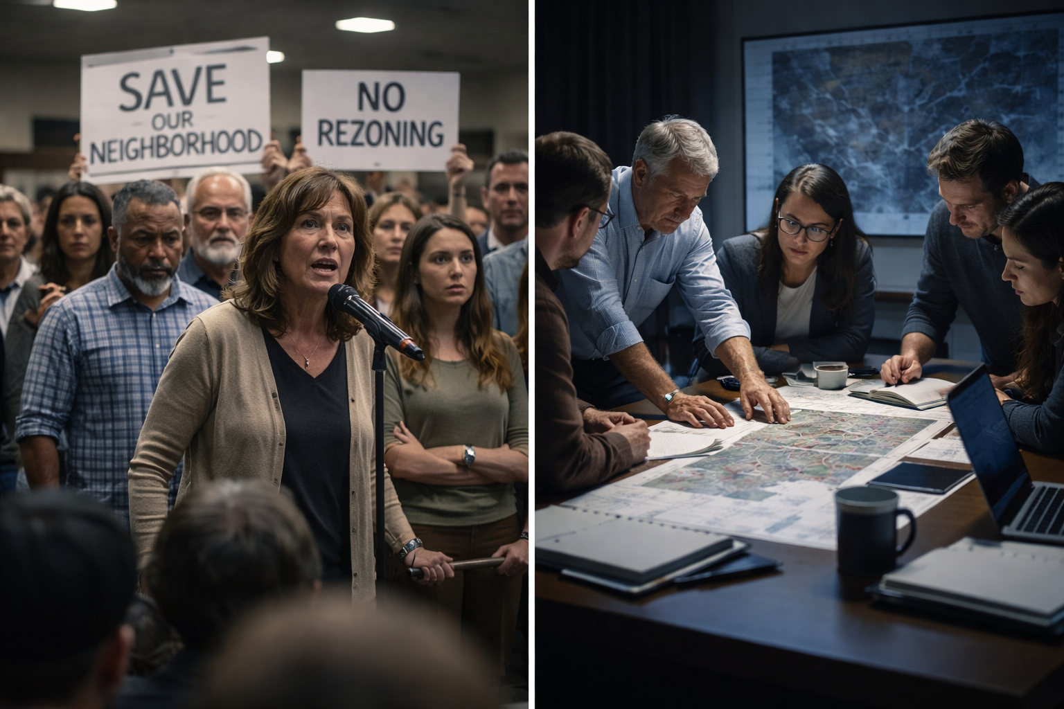 crowded public comment line, people holding signs, faces tense with frustration crowded public comment line, people holding signs, faces tense with frustration