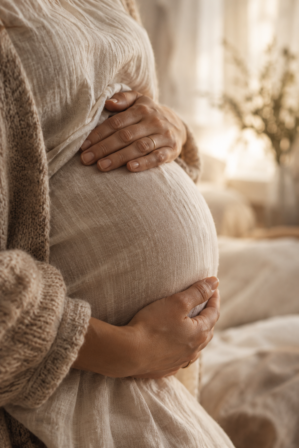 Eine Mutter hält ihr Kind im warmen, weichen Licht