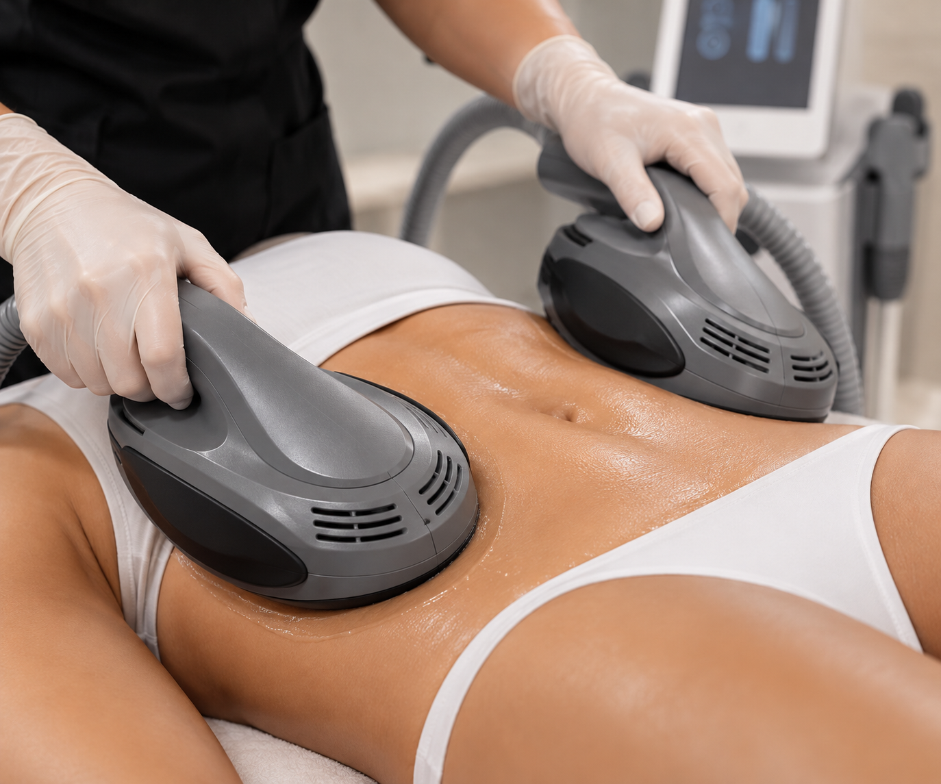 EMS muscle stimulation paddles on the abdomen