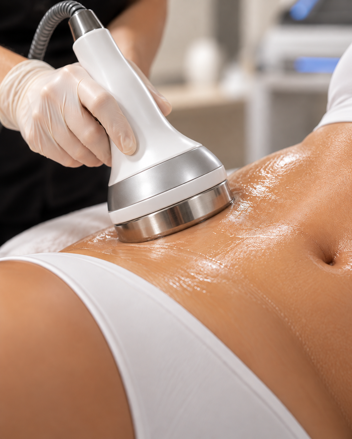 Ultrasonic cavitation handpiece on the abdomen