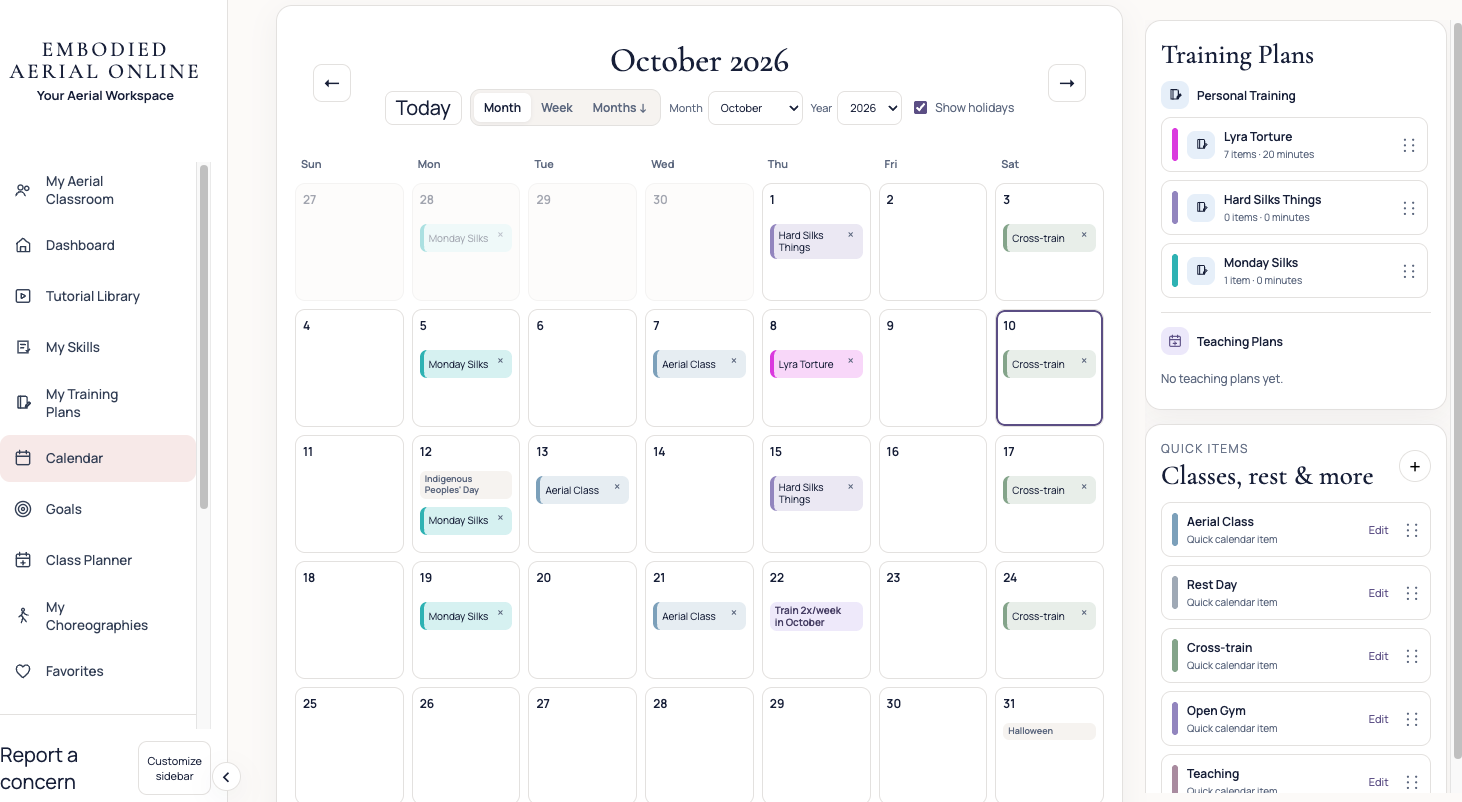 Embodied Aerial Online calendar and scheduling prototype screenshot