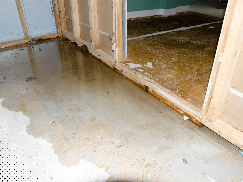 Standing water on a concrete floor inside a partially framed home, with visible moisture intrusion along the base of exposed wooden studs and signs of water damage near the wall.