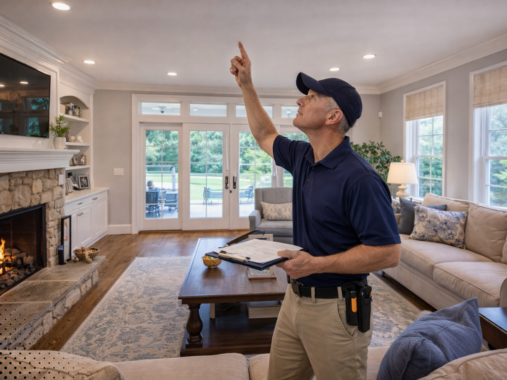 Home inspector in a blue shirt and cap inspecting the ceiling in a bright living room, highlighting the importance of home inspections.