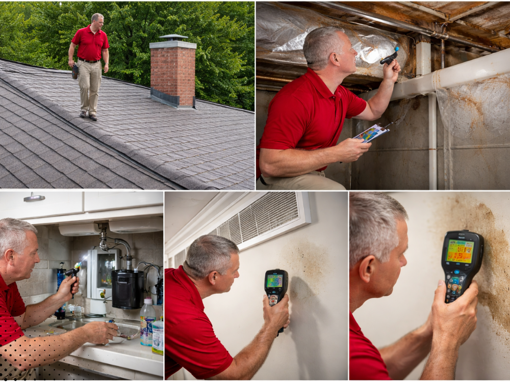 Home inspector in Elkton, MD reviewing a property with a “For Sale” sign in front of the house.