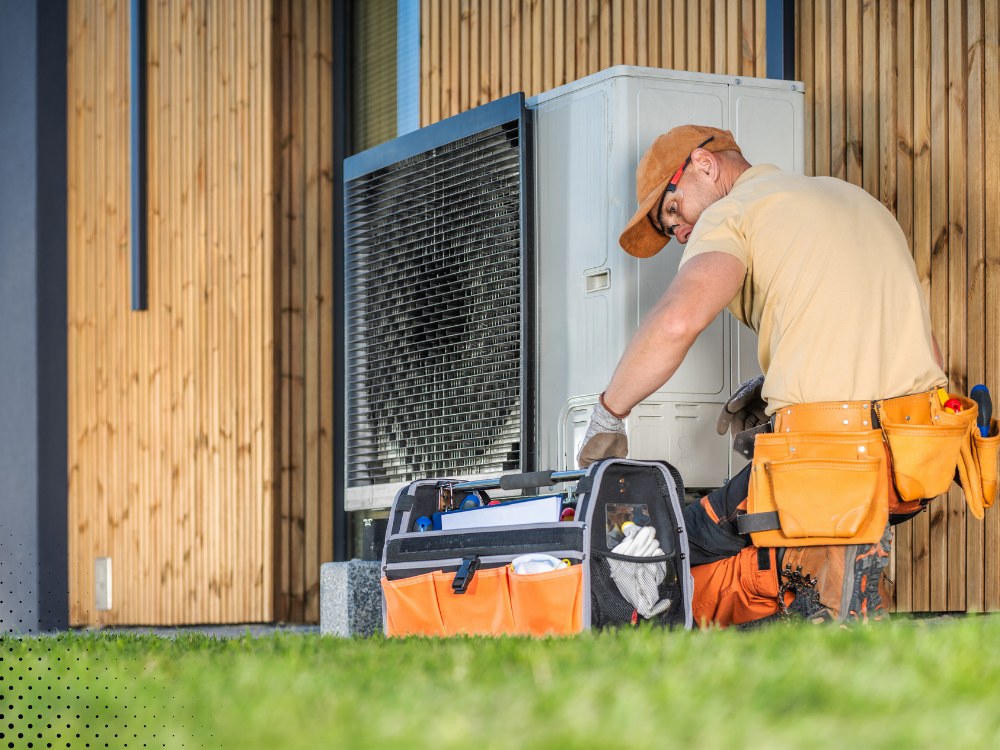 HVAC technician servicing an outdoor air conditioning unit with a toolkit, ensuring proper maintenance of an energy-efficient system. HVAC technician servicing an outdoor air conditioning unit with a toolkit, ensuring proper maintenance of an energy-efficient system.