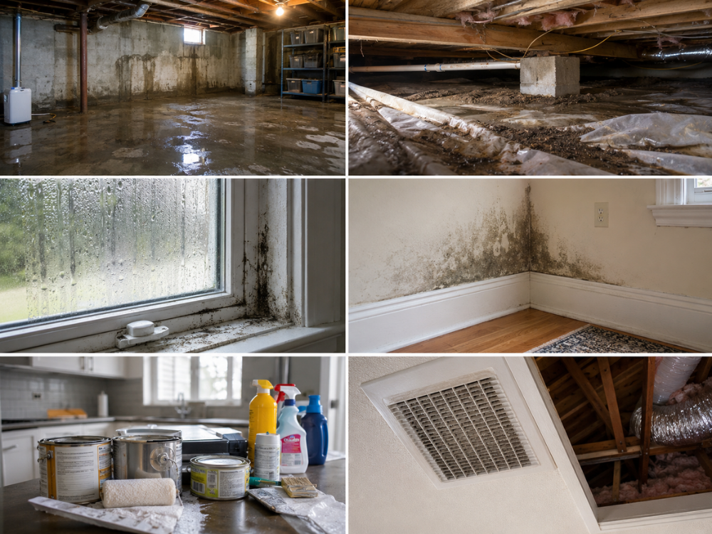 ndoor air contaminants in a Delaware home including crawlspace moisture, mold growth, condensation, VOCs, and HVAC ventilation concerns.