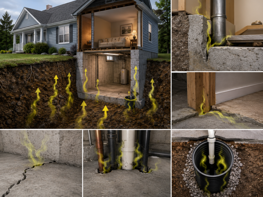 Radon gas entering a Delaware home through foundation cracks, crawlspace gaps, sump pit openings, and basement floor penetrations.