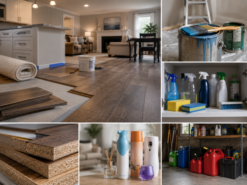 VOC sources in a Delaware home including new flooring, paint, cleaning products, furniture, and household chemicals affecting indoor air quality.