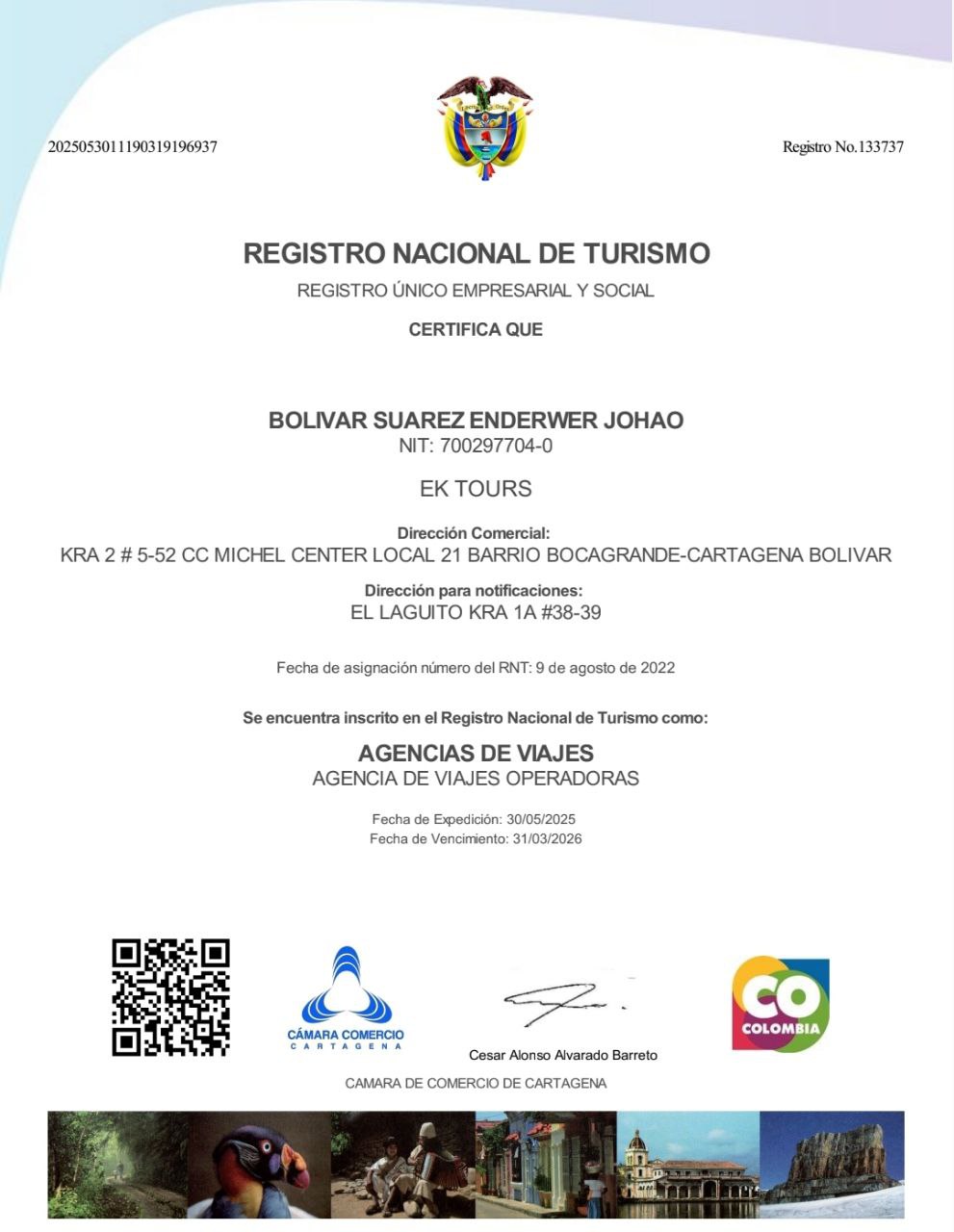 Certificado de Registro Nacional Turístico - EK TOURS