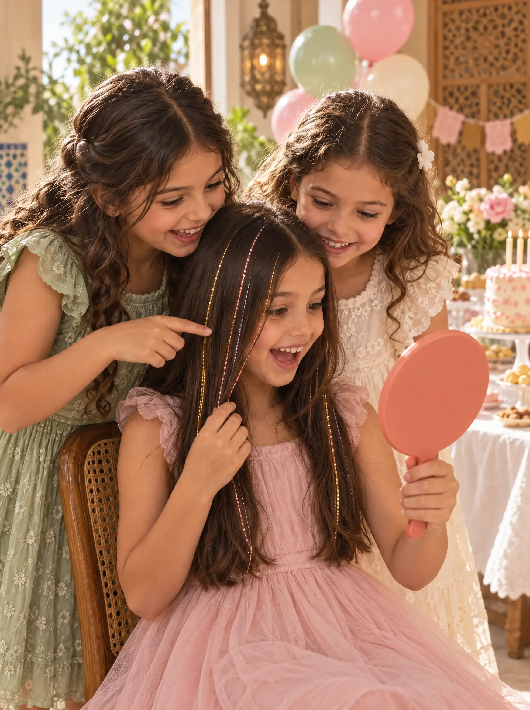 Trois petites filles à un anniversaire, l’une découvre ses sparkles dans un miroir corail.