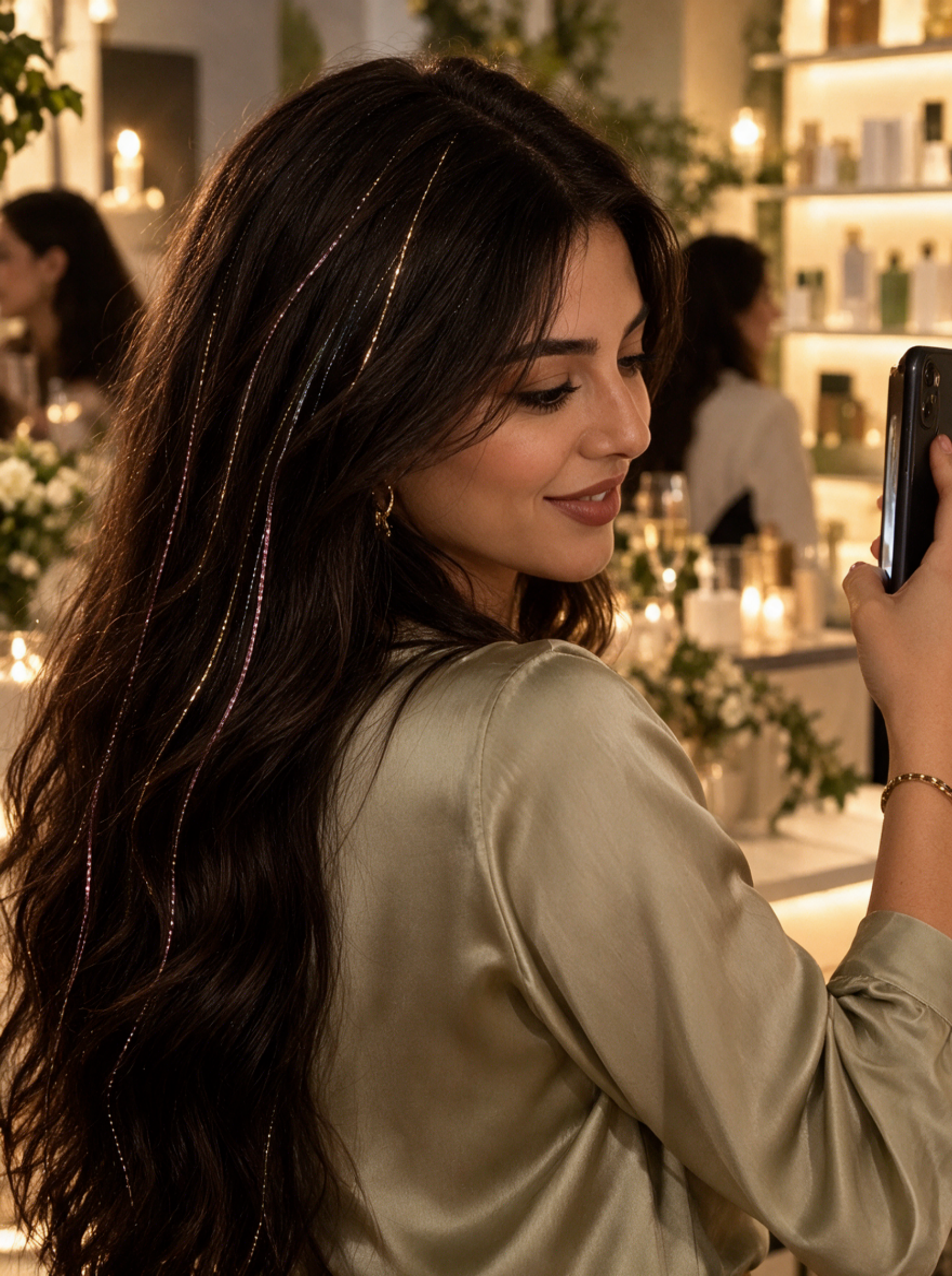 Une invitée prend un selfie de ses sparkles lors du lancement d’une marque de beauté.