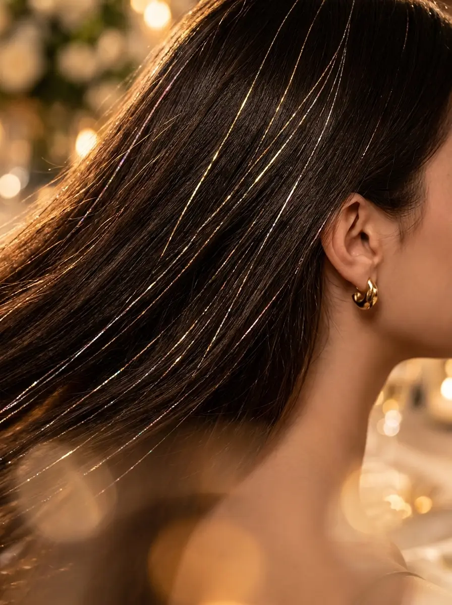 Gros plan sur les cheveux d’une invitée, des sparkles fins qui accrochent les lumières de la fête.