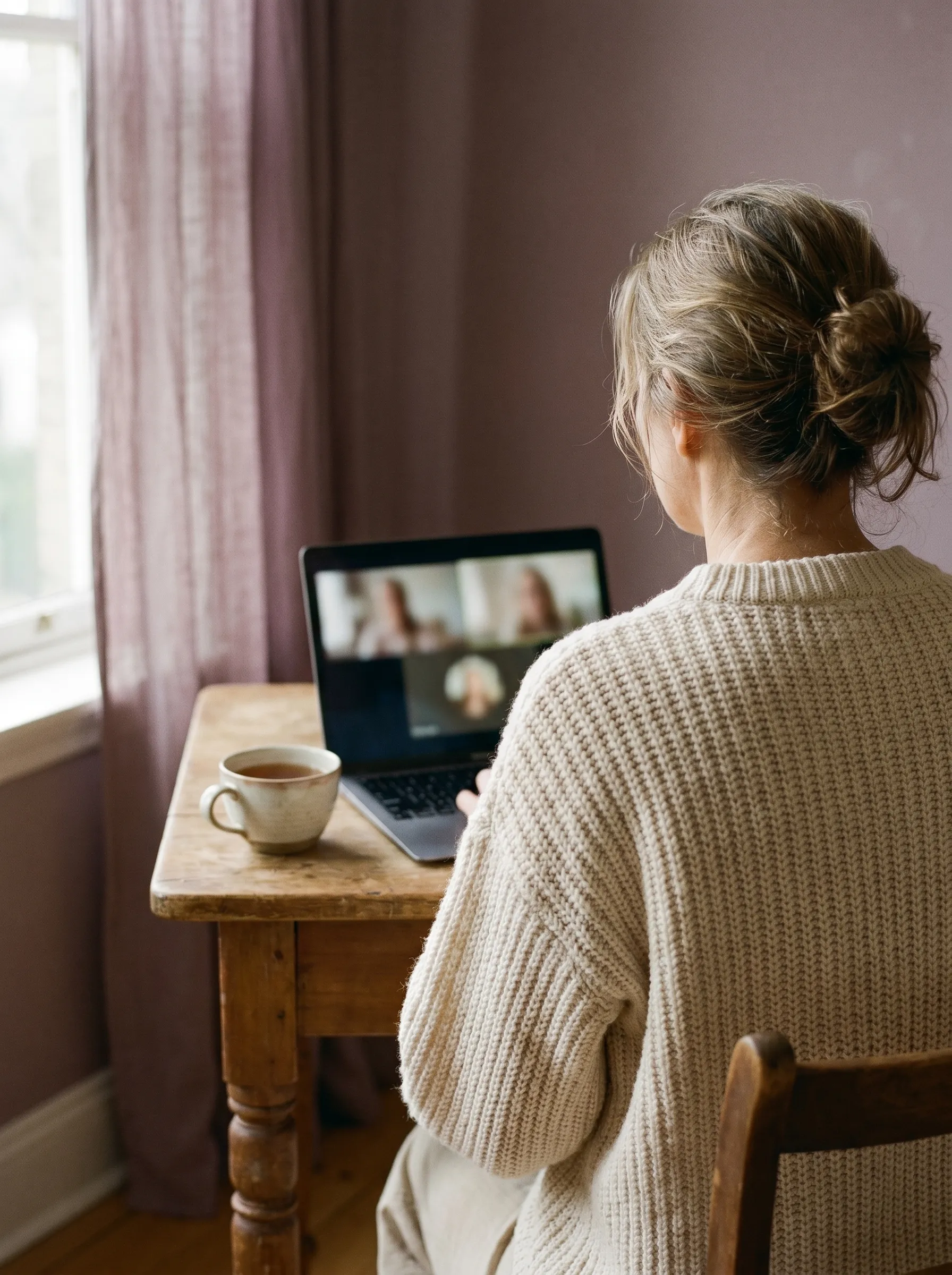 Frau sitzt zu Hause am Laptop in der Videosprechstunde