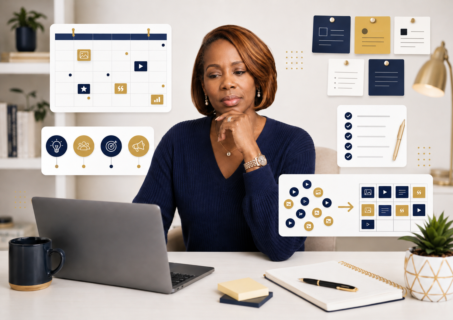 Nikki Givon in a navy sweater organizing social media content at her desk, with calendar graphics, planning cards, checklist icons, and structured content visuals around her.