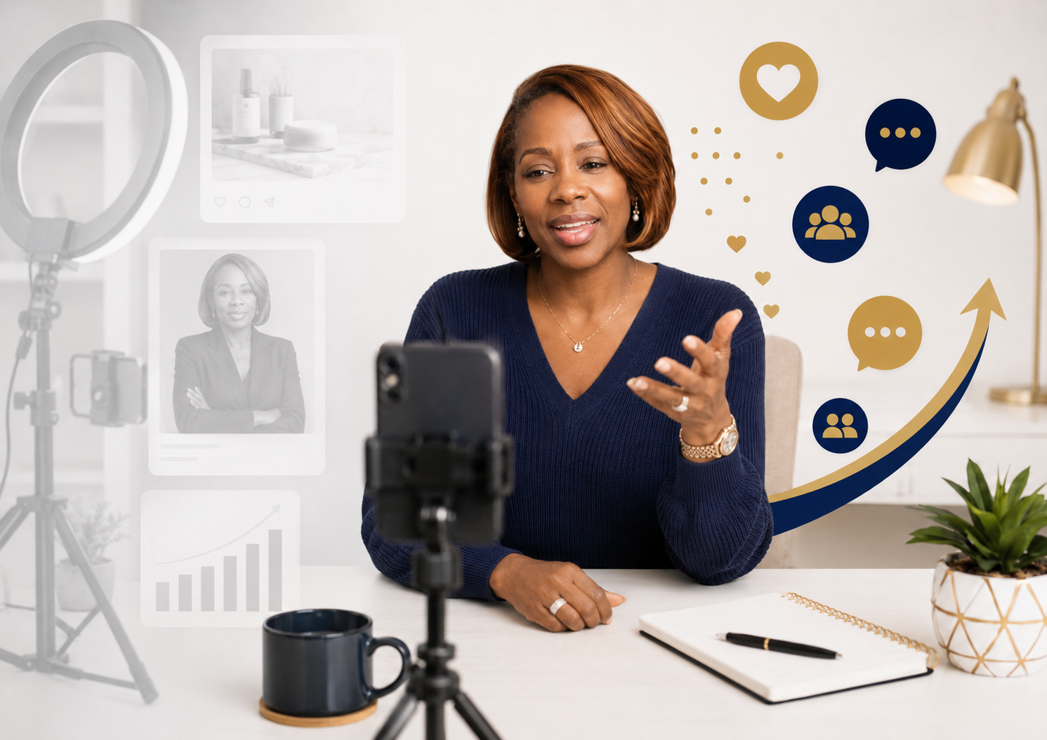 Nikki GIvon in a navy sweater recording an authentic social media video, with engagement icons and faded polished content visuals in the background.