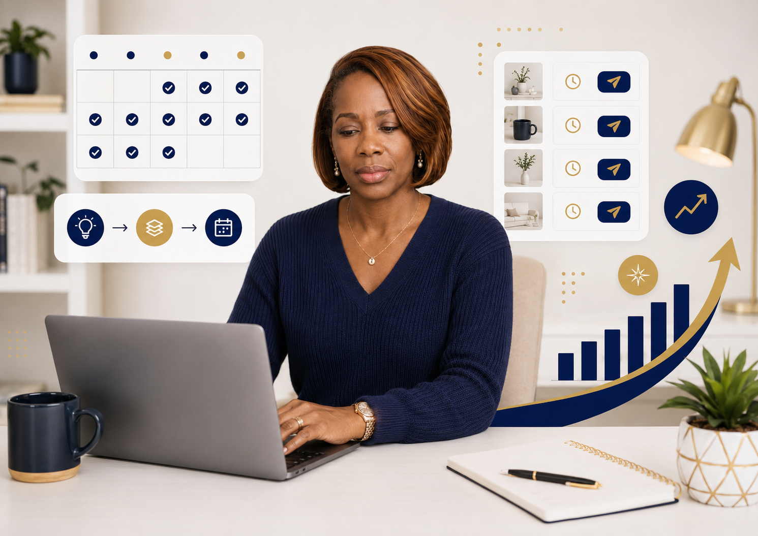 Professional woman in a navy sweater planning social media content at her desk, surrounded by a content calendar, workflow icons, and scheduled post graphics in navy and gold.