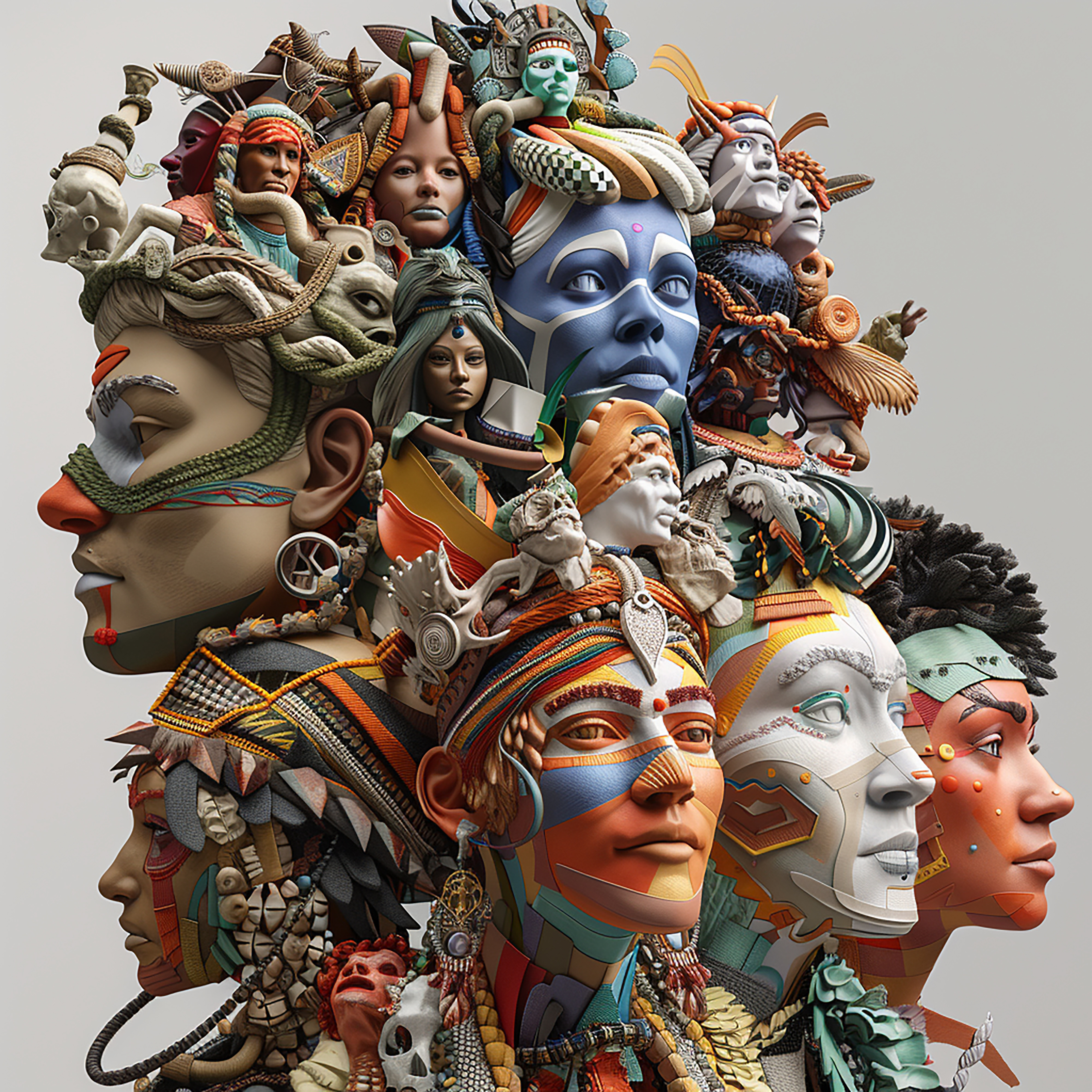 3D photo of people in differently colored costumes