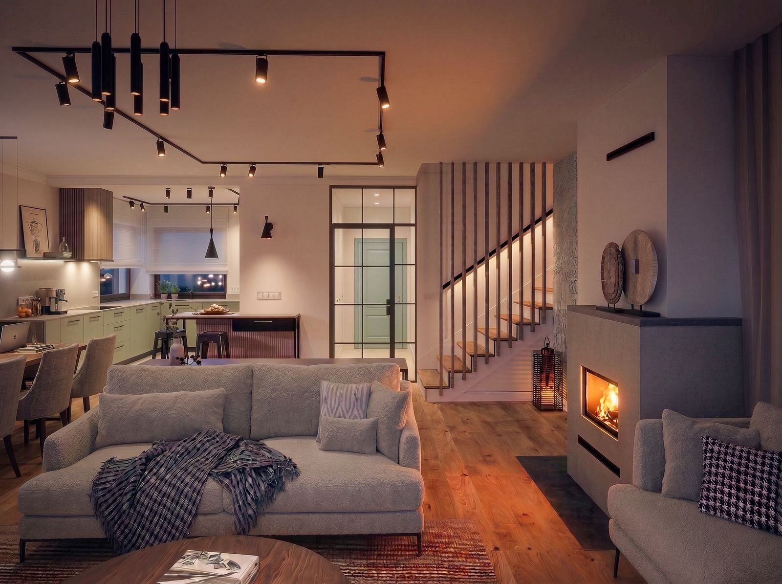 Elegancka funkcjonalność, dom wolnostojący 170 m², salon, strefa kominka