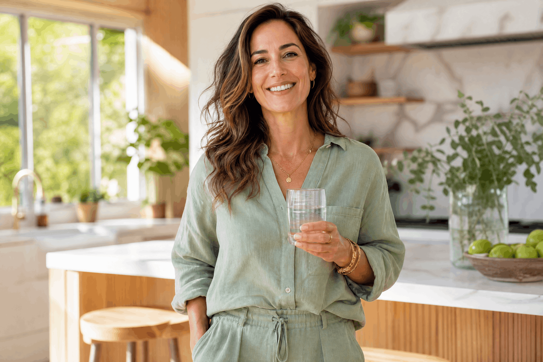 Confident woman in a bright kitchen, representing the June Health wellness journey