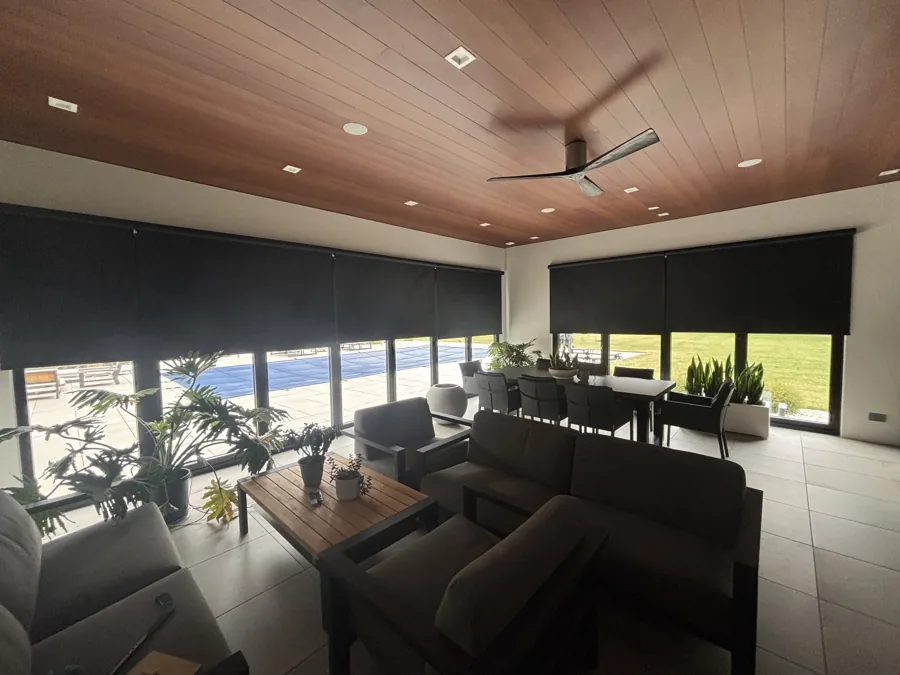 Custom motorized shades in a Chicago-area living room