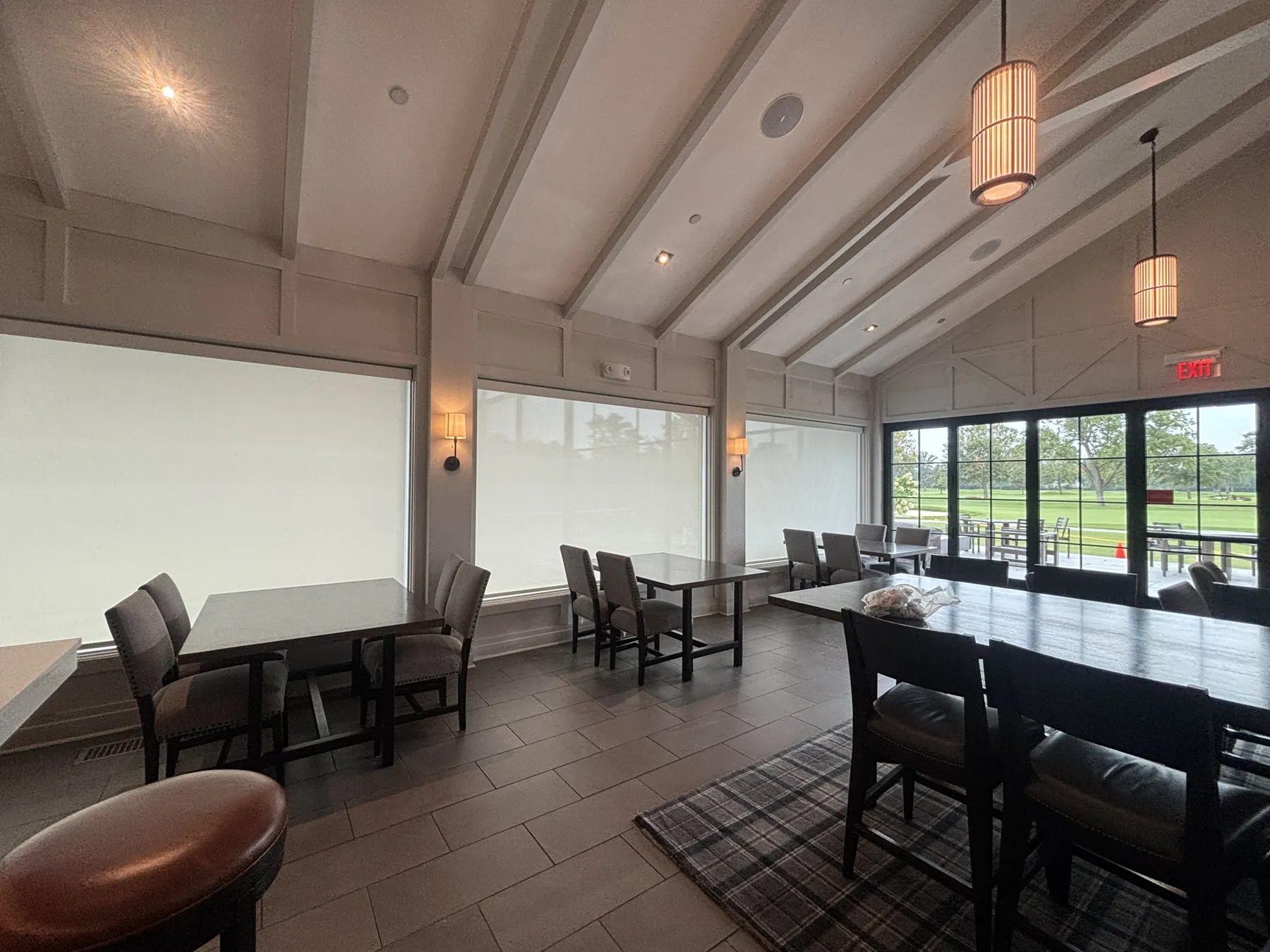Roller shades in a clubhouse lounge
