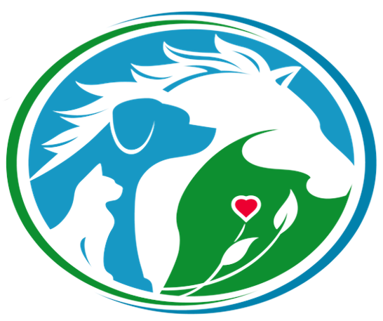 logo with artistic drawing of a cat, a dog and a horse