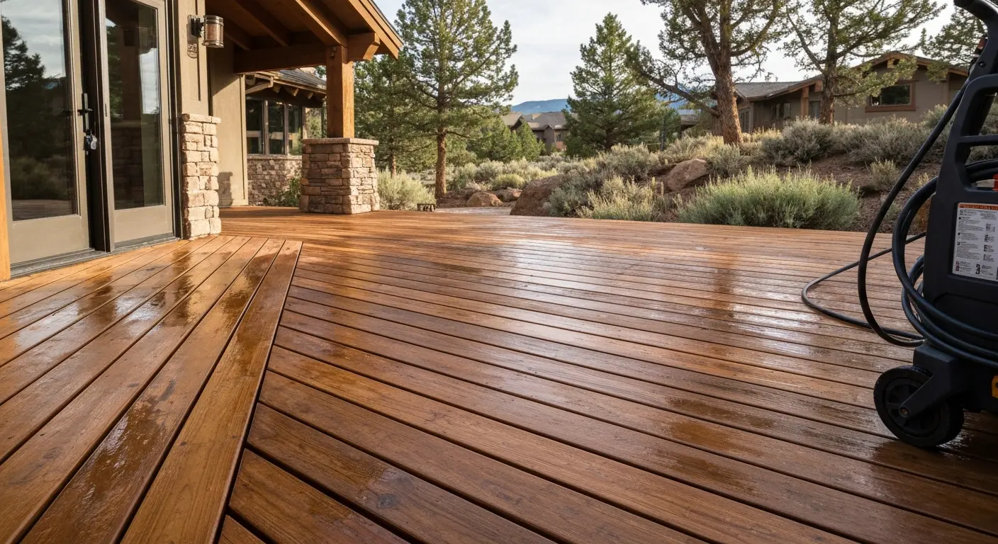 Wood deck pressure washing