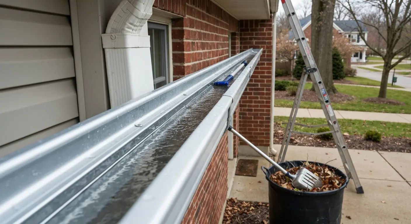 Gutter cleaning in progress