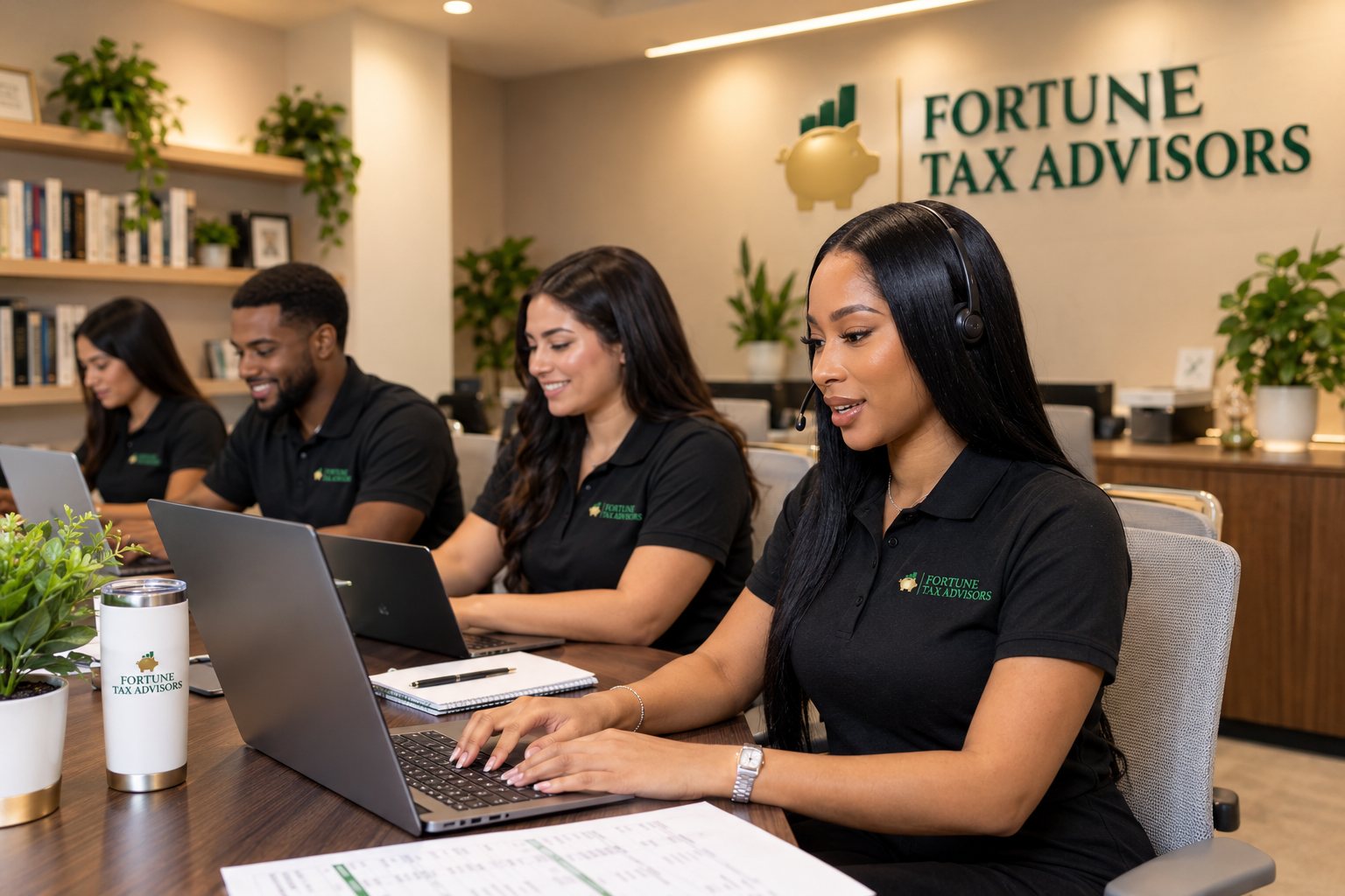 Fortune Tax Advisors tax preparers in company polos filing taxes on their laptops in the office