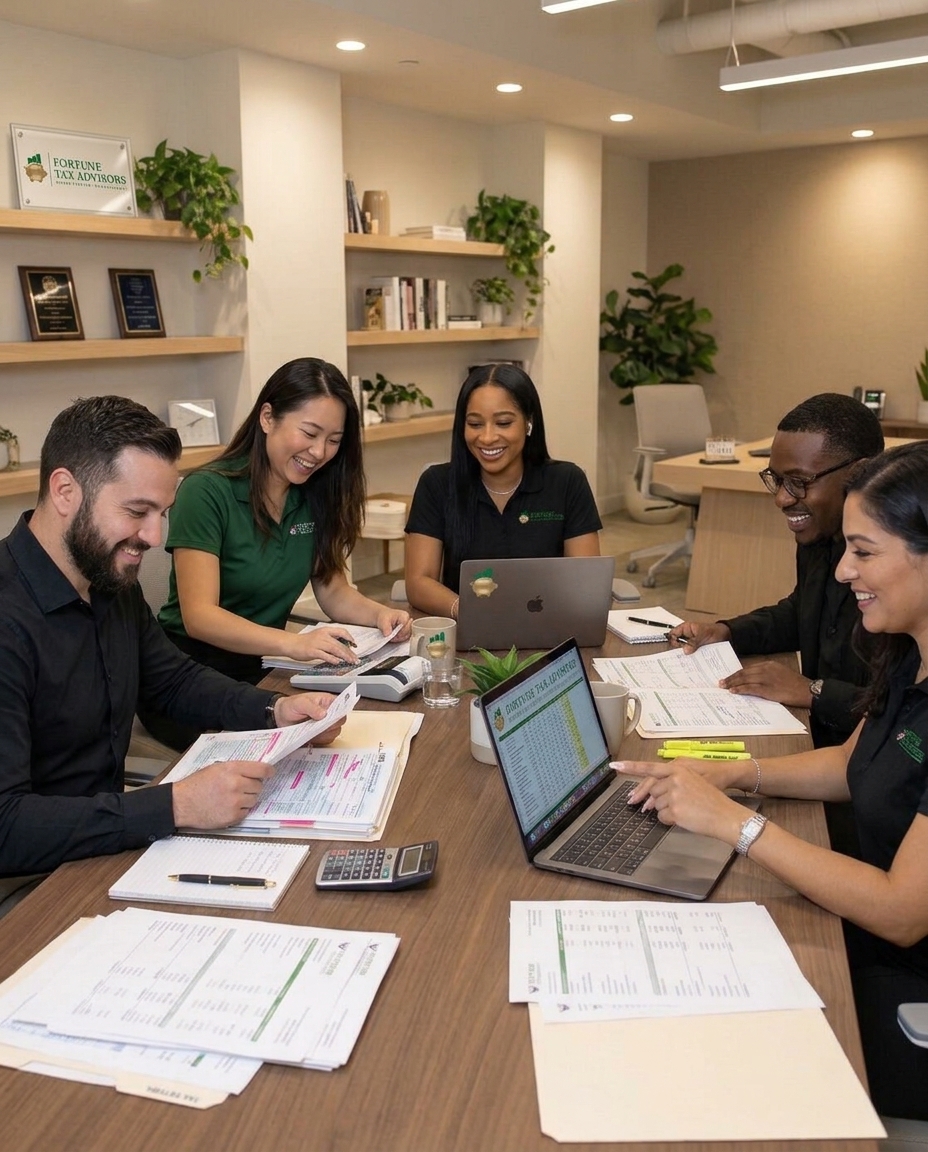 Fortune Tax Advisors tax strategists smiling while preparing returns together at a conference table