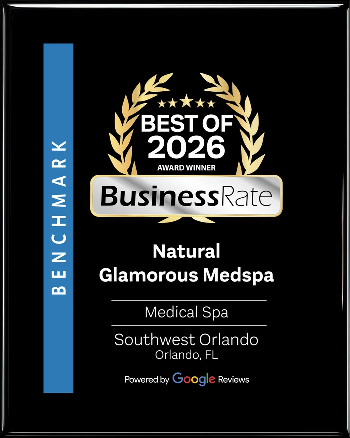 BusinessRate Best of 2026 Award Winner badge, Natural Glamorous Medspa, Medical Spa, Southwest Orlando, powered by Google Reviews