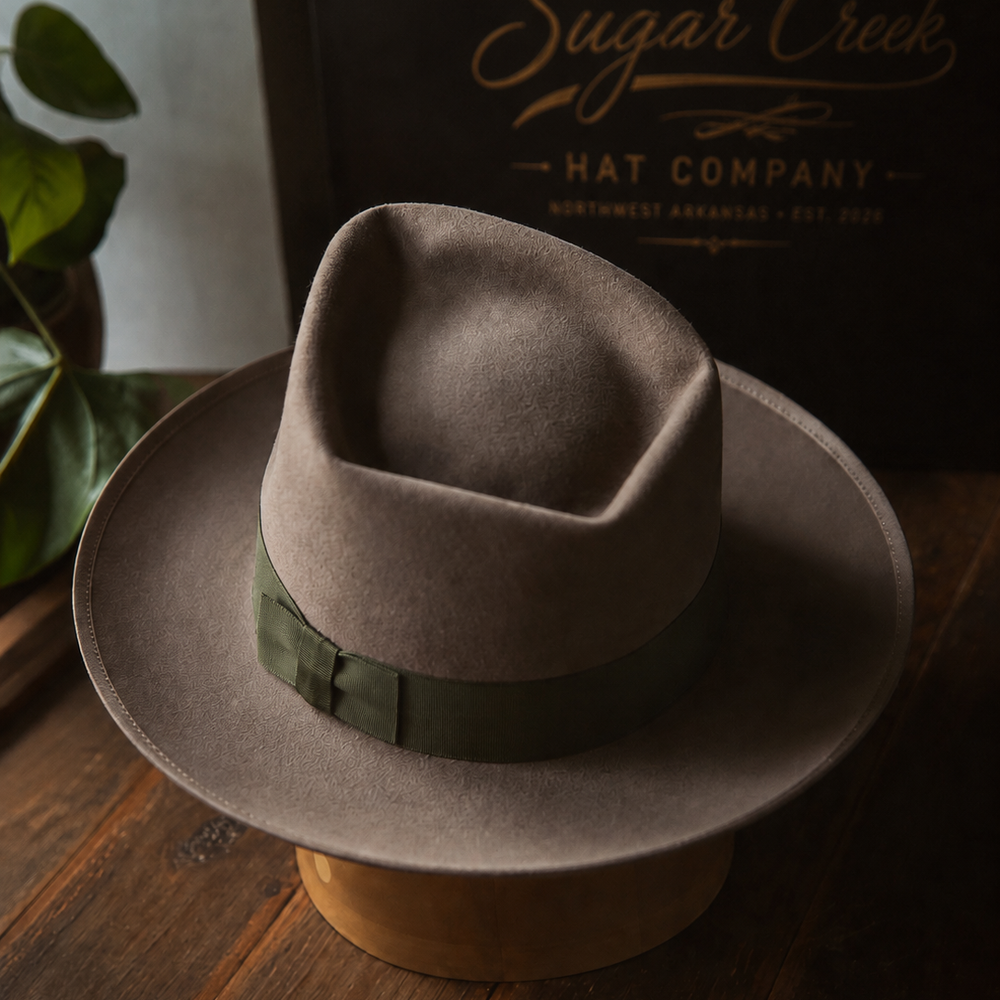 Arkansas Diamond custom felt hat with elongated diamond crown and mule kick by Sugar Creek Hat Co.