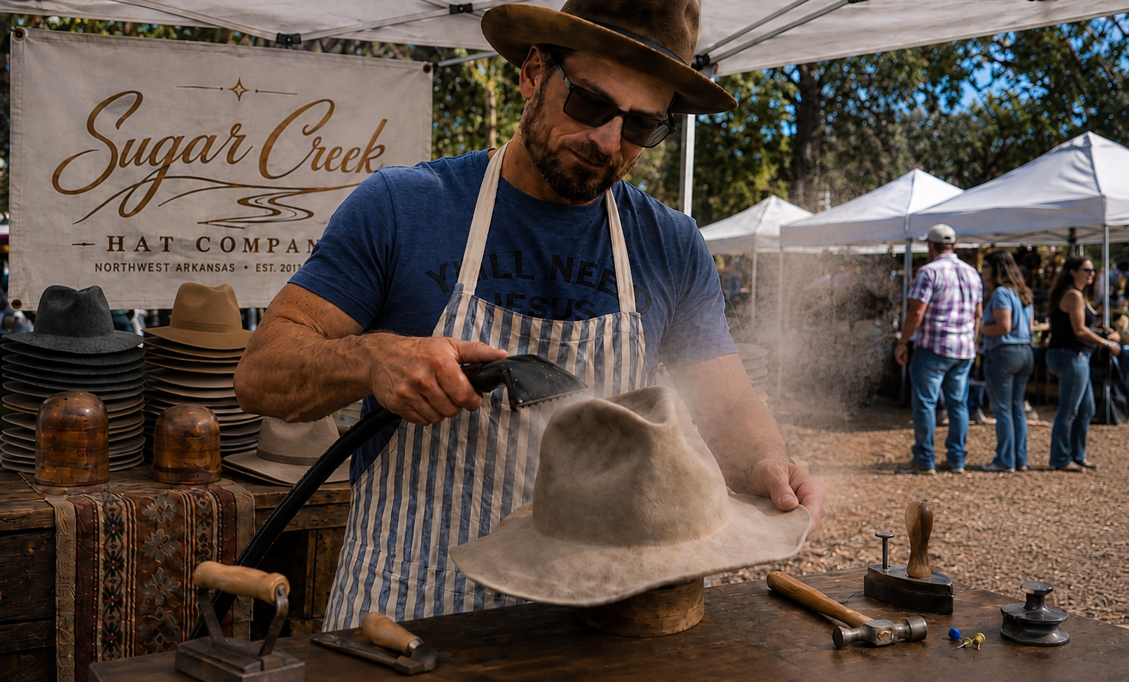 Rex Decker shaping a felt hat at Sugar Creek Hat Co.