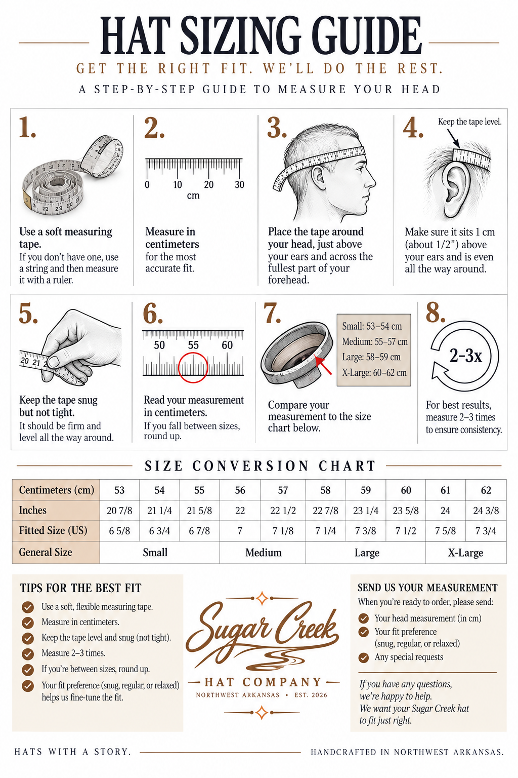 Sugar Creek hat sizing guide