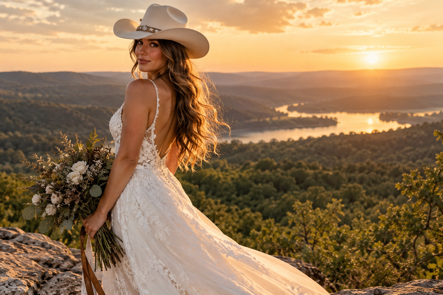 Bride wearing a cowgirl hat overlooking the Ozarks