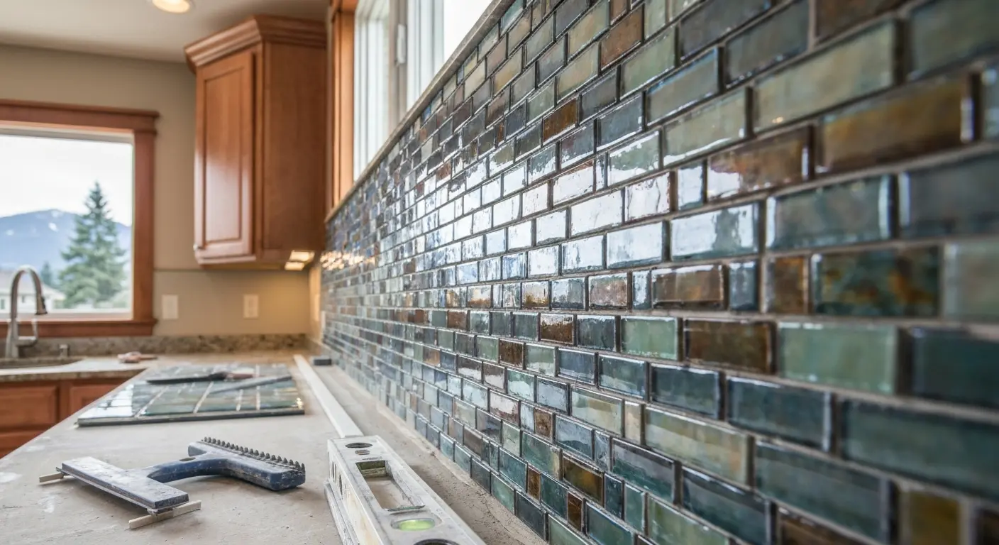 Glass mosaic backsplash installation