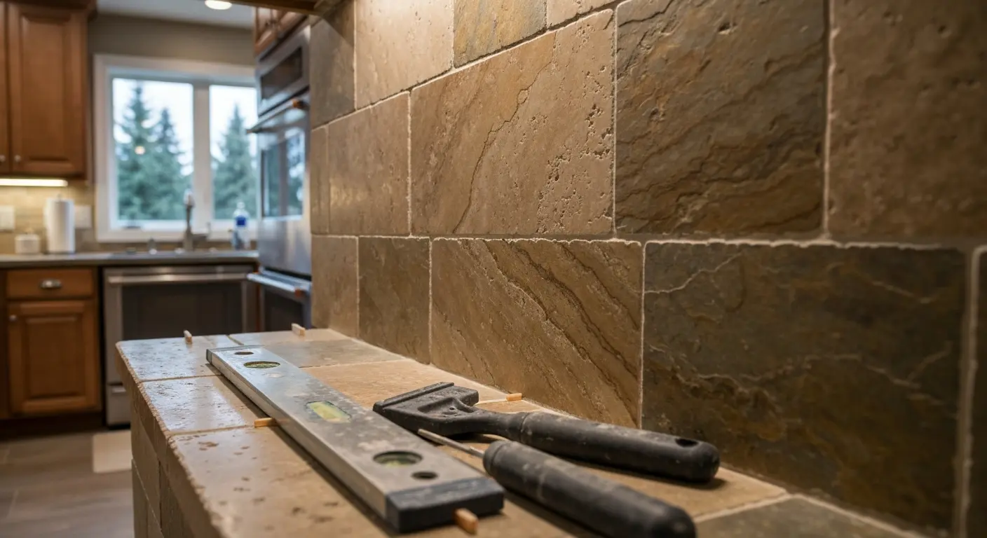 Stone backsplash installation