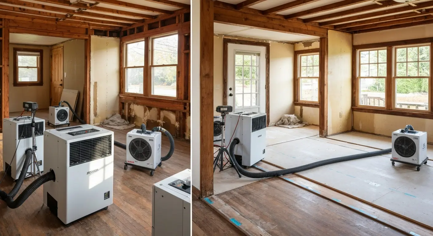 Dehumidifiers and fans drying a residential space
