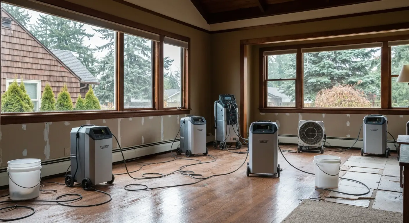Drying equipment positioned in flooded residential space