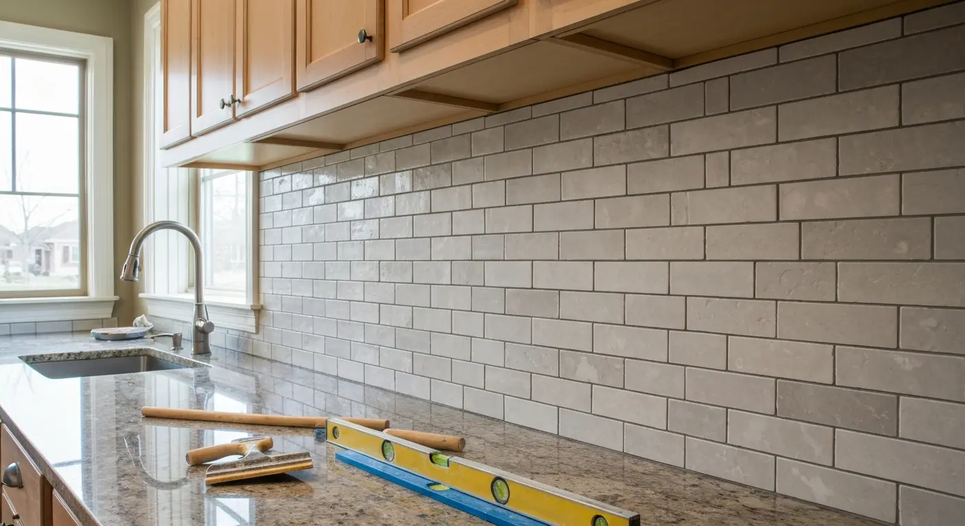 Natural stone subway tile backsplash